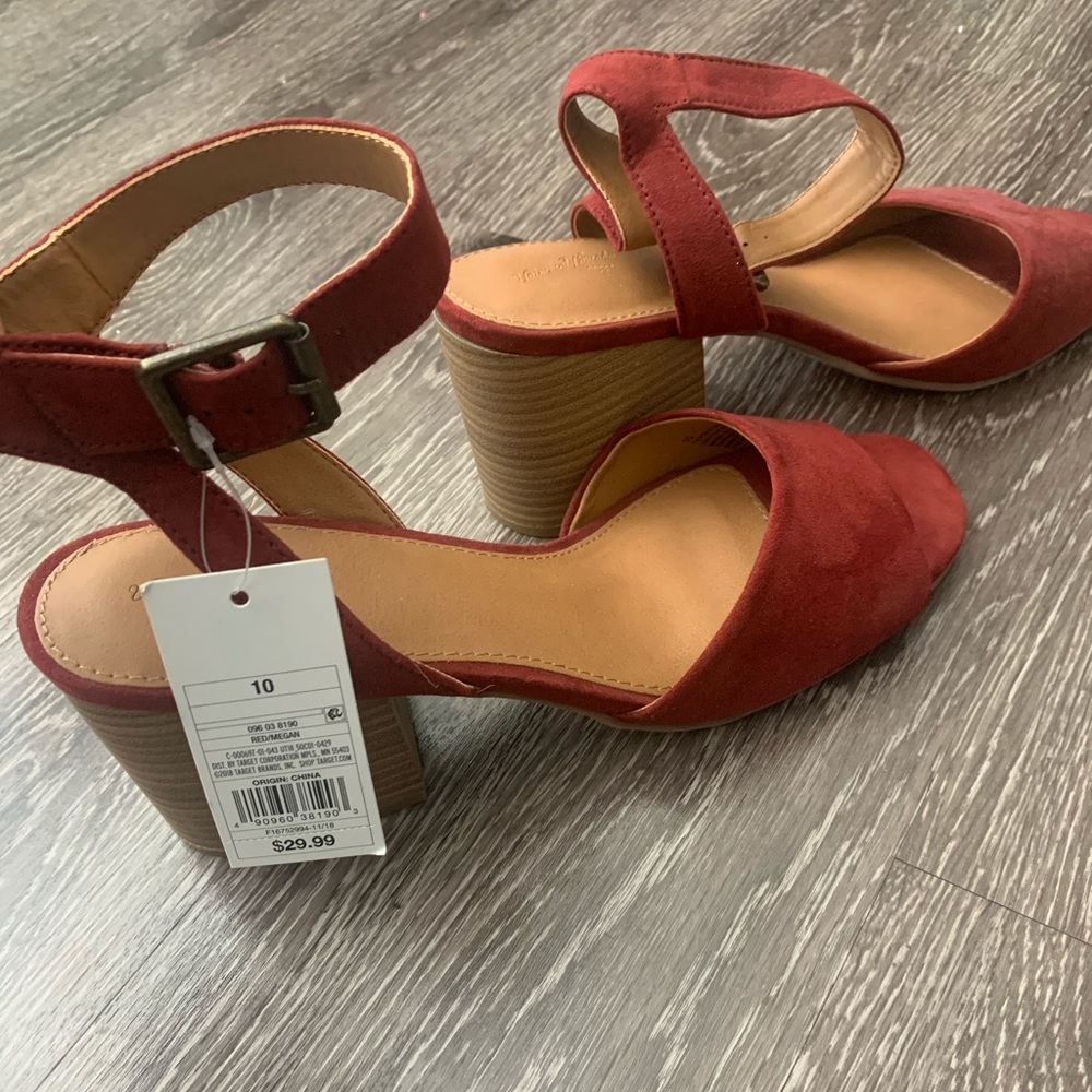 Burgundy suede blocked heeled sandals